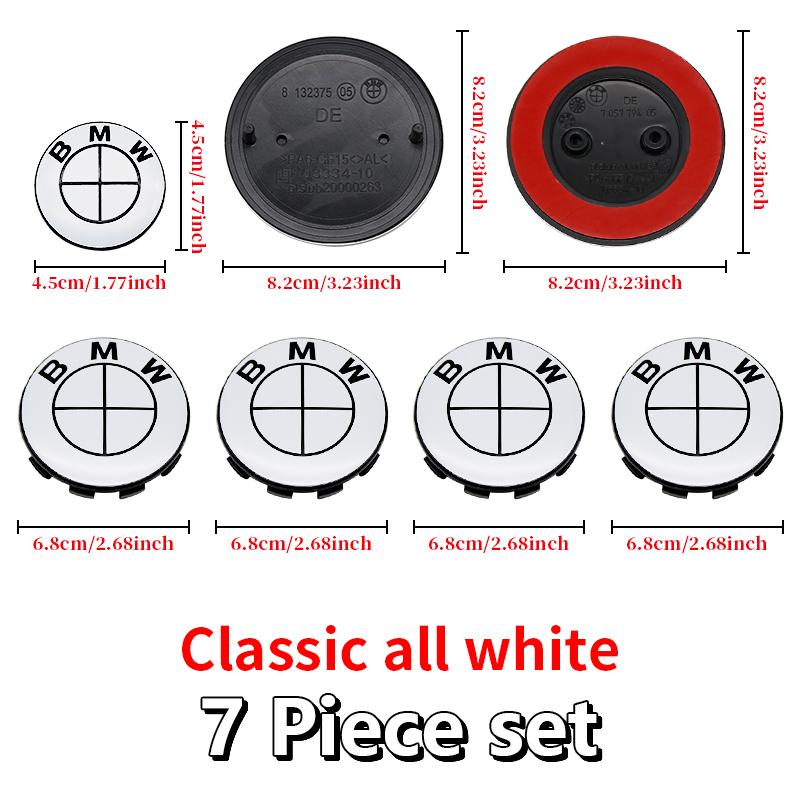 7Pcs Car Front Hood Emblem Wheel Hub Caps All White Logo For BMW M Logo G30 G31 G38 G11 G12 G20 G28 F10 F48 F49 G01 F20 F21 F22