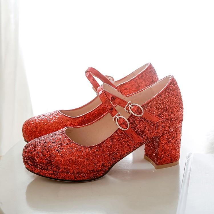 Velikost 33-43 Dámské červené třpytivé zlaté boty na vysokém podpatku, Mary Jane lodičky s dvojitým přezkovým páskem, společenské svatební