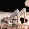 2025 New Spring New Style Popular Pointed Toe High Heel Sexy Transparent Rhinestone Knot Fashion Single Silver  Zapatos Mujer