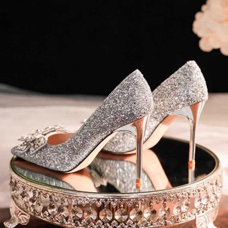 2025 New Spring New Style Popular Pointed Toe High Heel Sexy Transparent Rhinestone Knot Fashion Single Silver Zapatos Mujer