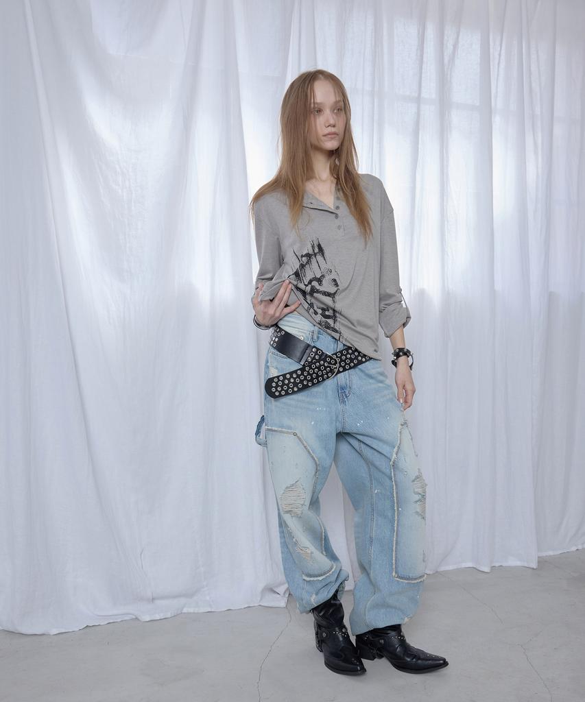 Aesimeteuli Asymmetry Henry Long Sleeve Top / Gray
