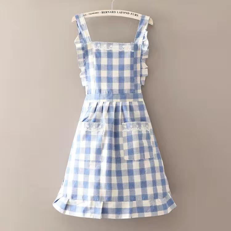 New Cotton Princess Aprons Household Cleaning Apron For Women Girs Lace Plaid 2-Layer Bib