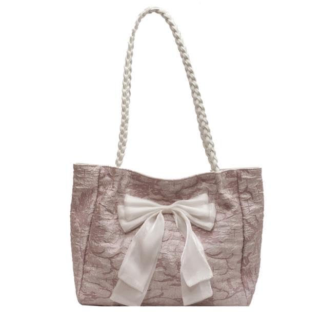 

Ribbon Tote Bag Shoulder Bag Lace Large Capacity A4 Feminine Lightweight Commuting School Travel [PETITCHOU] (Pink) рожевий