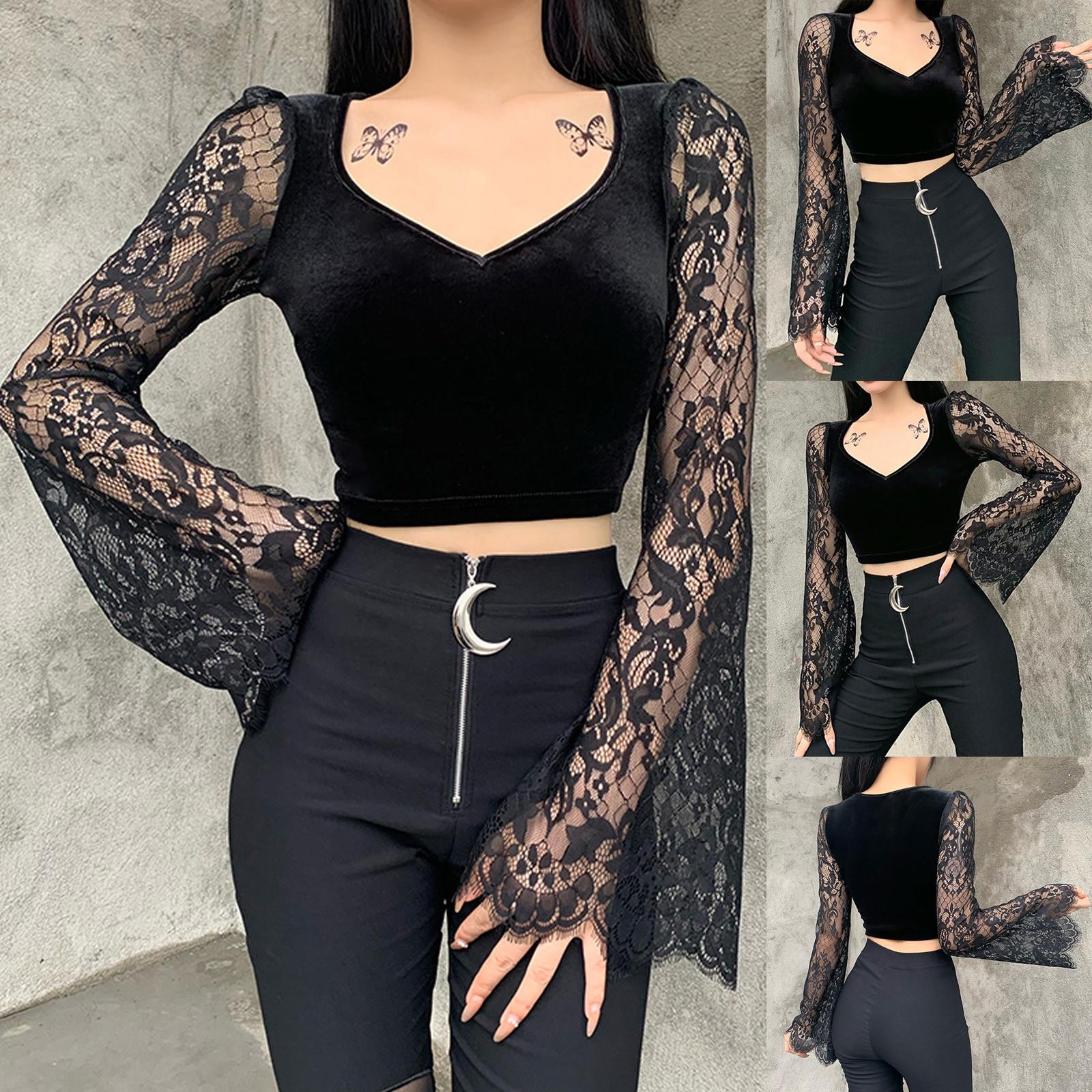 

женщины Сексуальная готическая ретро Элегантный Черный кружева Длинные рукава Холлоу Топ Рубашка