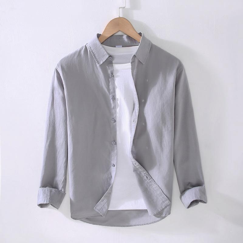 Linear Long-sleeved Men's Japanese Casual Loose Cotton Linen Shirt Spring and Summer Outfit Inch Shirt