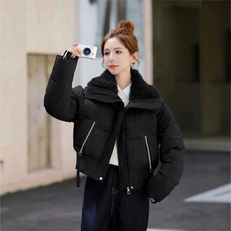 Womens Short Cotton Puffer Jacket With Faux Fur Collar Loose Fit Winter Coat Daily Wear