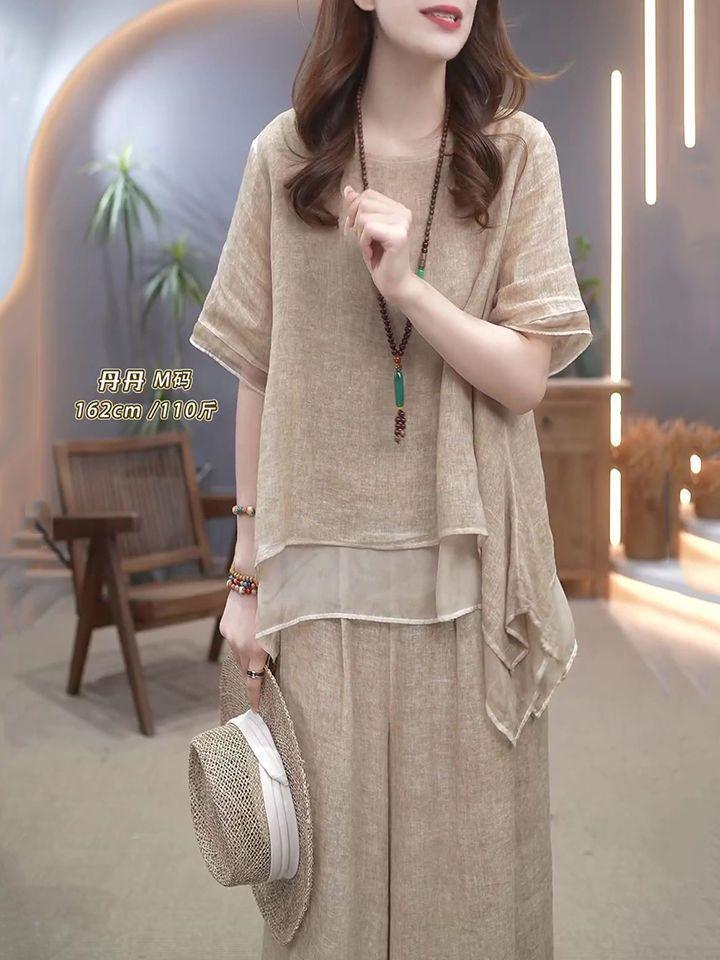 Retro Bavlněný Lněný Set Dámský Letní Volný Zeštíhlující Zakrývající Břicho Dvoudílný Set Elegantní Styl Neformální Módní Trend