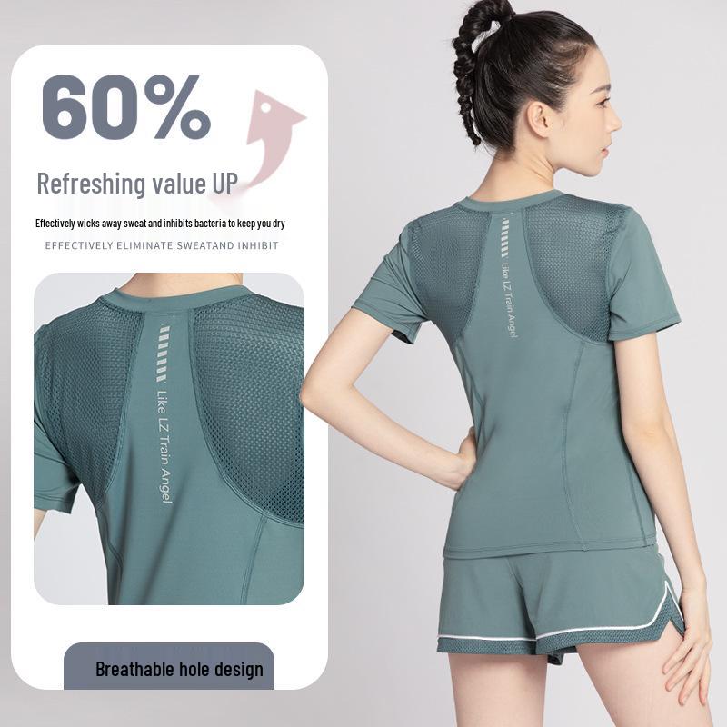 Women's Summer Yoga Outfit: Quick-Drying Short-Sleeve Top, Stretchy Mesh, Fashionable and Lightweight Fitness Wear for Morning Runs.