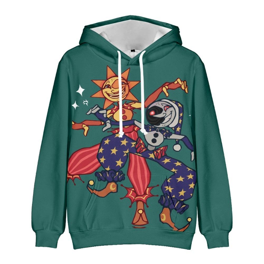 FNAF Security Breach Sun and Moon Hoodie, Sundrop Moondrop Anime 3D Print Pullover Hooded Sweatshirt for Game Fans