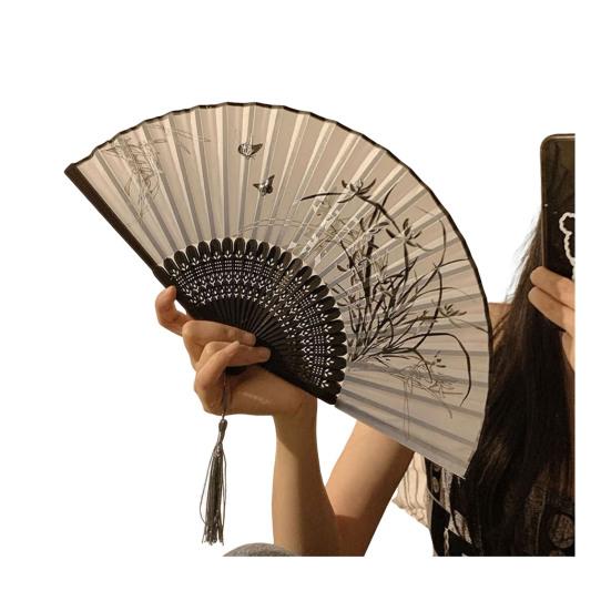 

Floral Print Folding Fan with Tassel Chinese Style Hand Held Fan Portable Summer Cooling Fan Dance Performance Party Photo Props A