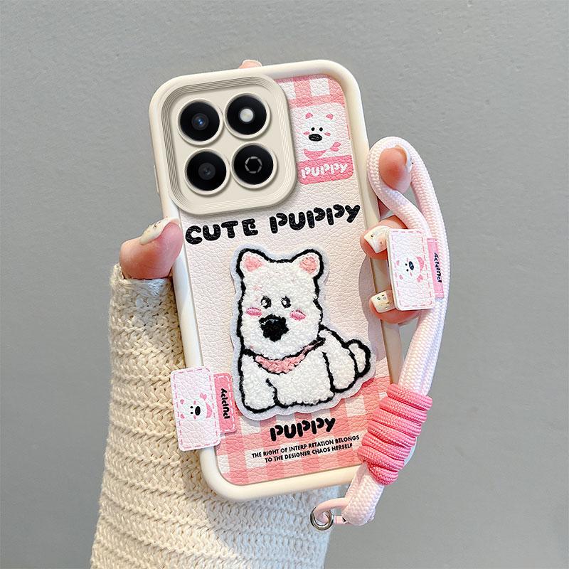 KEYSION Cartoon Cute Plush Embroidery Case for HONOR 200 Smart 5G with Lanyard Shockproof Phone Back Cover for Huawei Honor X7c