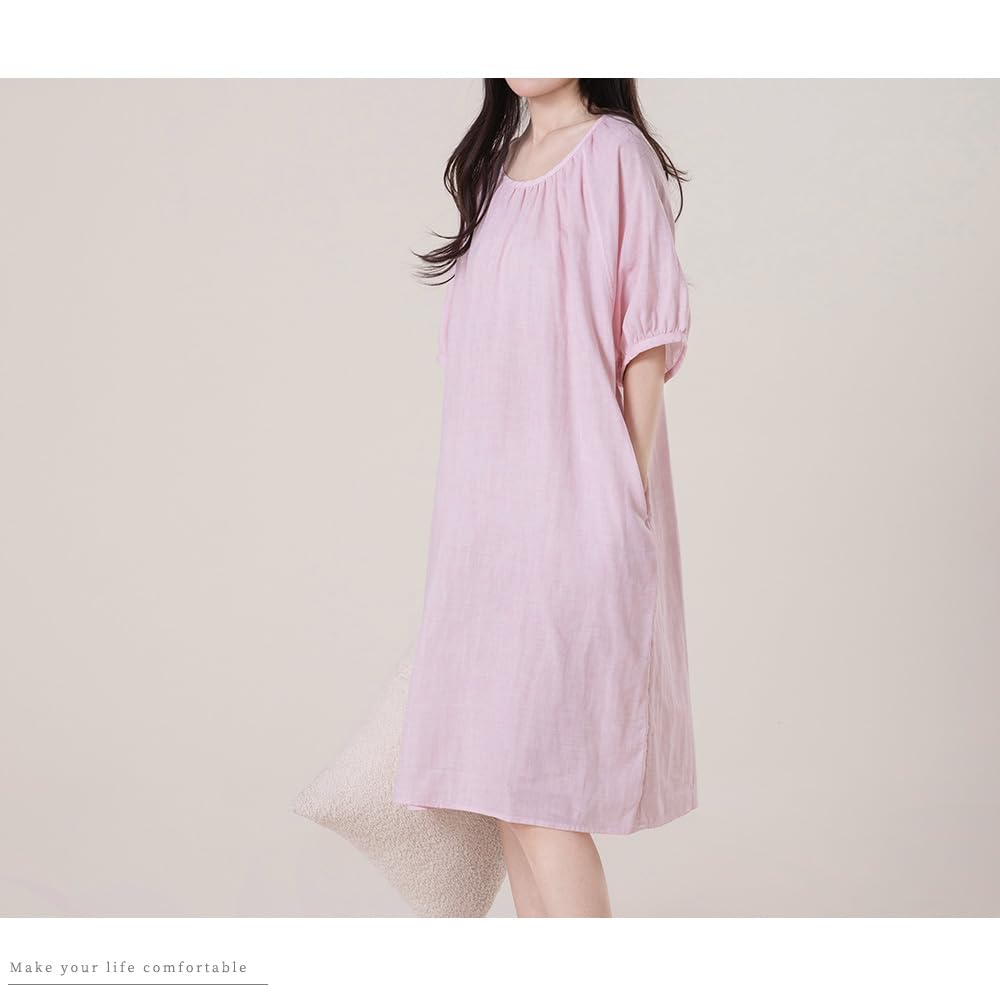 Cotton Double Gauze Pajama Size LL [Yes Family] Women's 100% Dress, Knee-Length, Summer, Flattering, Stylish, Pink,
