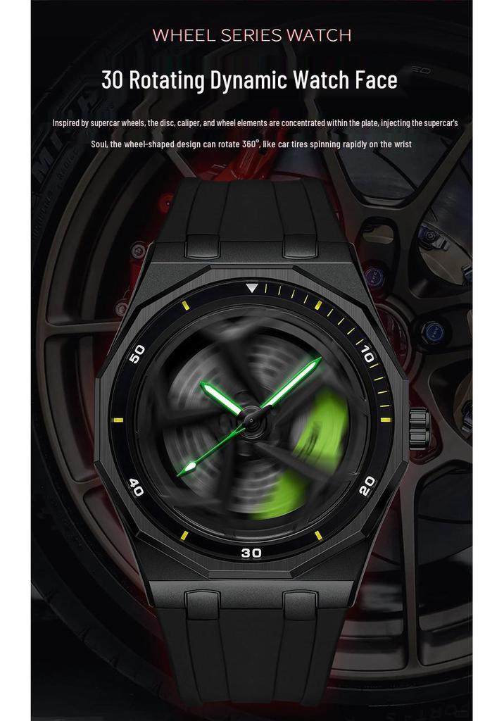 SANDA Men's Waterproof Luminous Polygonal Quartz Watch with 3D Rotating Dial and Silicone Band