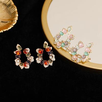 Colorful Gemstone U-Shaped Stud Earrings, Slightly Inlaid Zircon Luxury Fairy Earrings, Earrings.