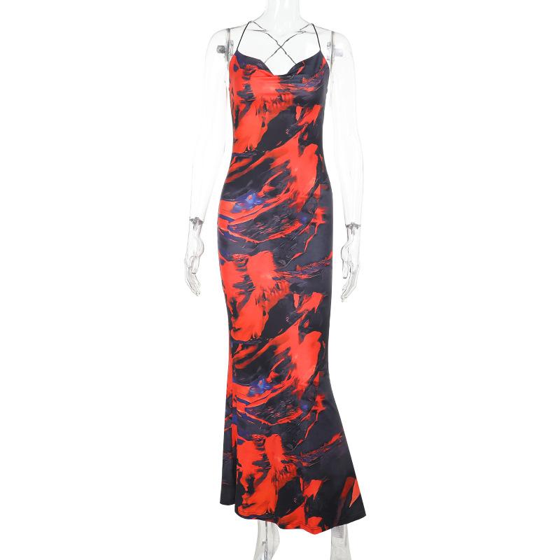 European and American Spring and Summer Women's New Models, Sexy Suspender Backless Printing Slim-fitting Spice Girl Dress