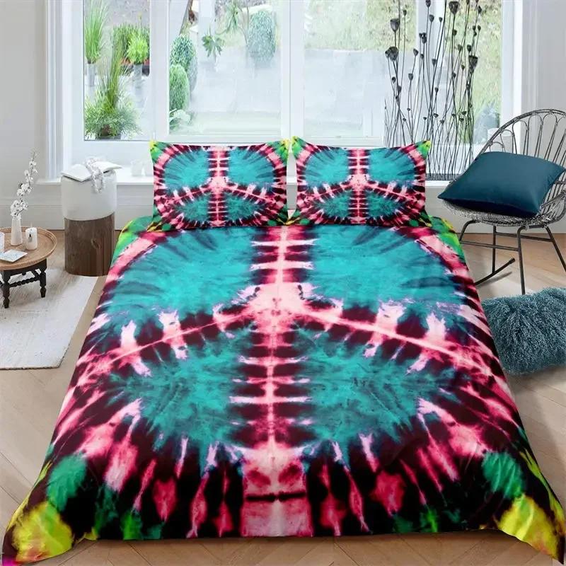 3D Hippie Peace Symbol Colorful Pattern Chic Exotic Flower Comfortable Duvet Cover Pillowcase Bedding Set Children Home Textile