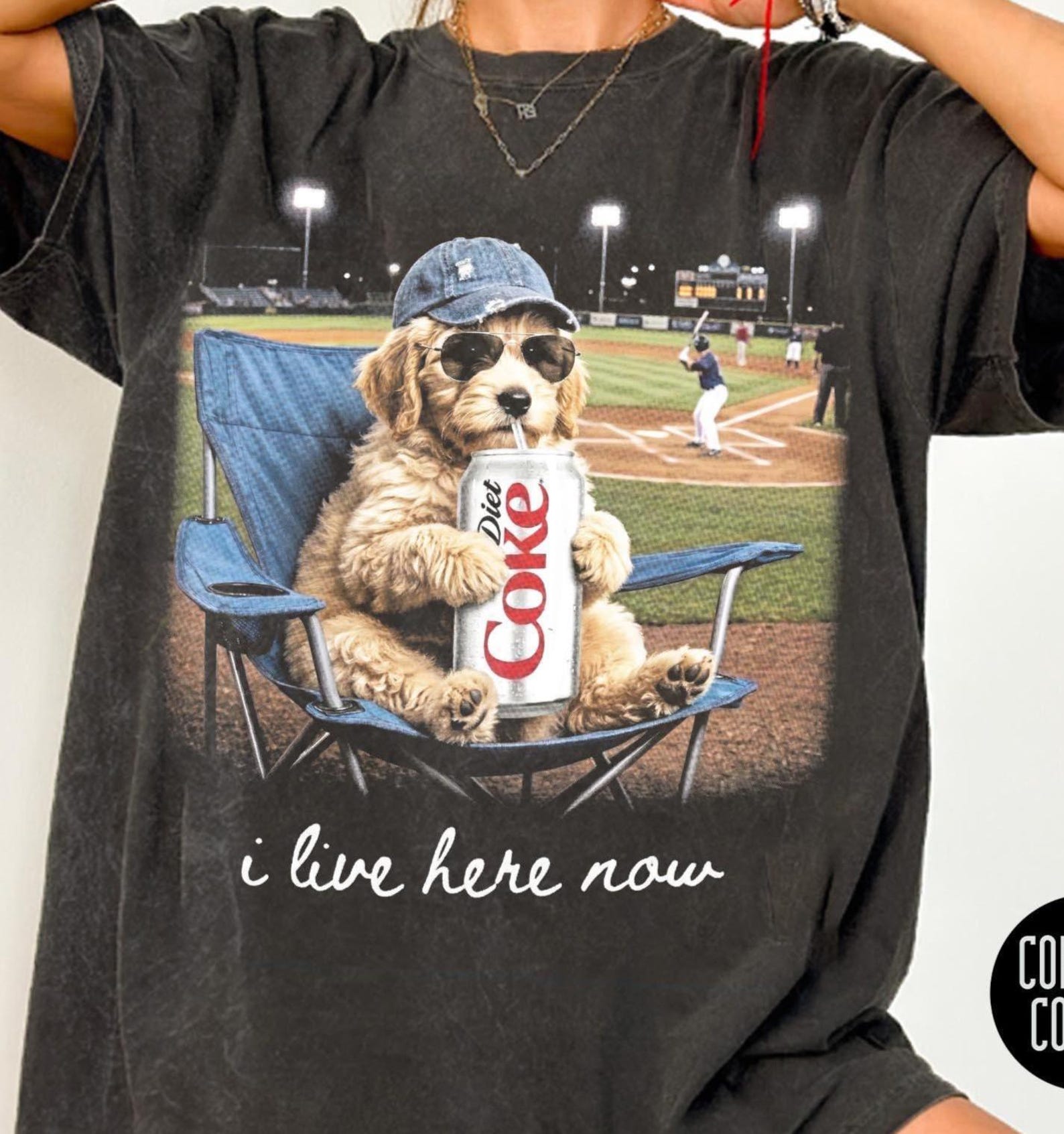 Comfort Colors® Goldendoodle I live Here Now Shirt, Goldendoodle Drink Coke Shirt, Ballfield Dark Tee, Baseball field, Baseball Mama Tee L
