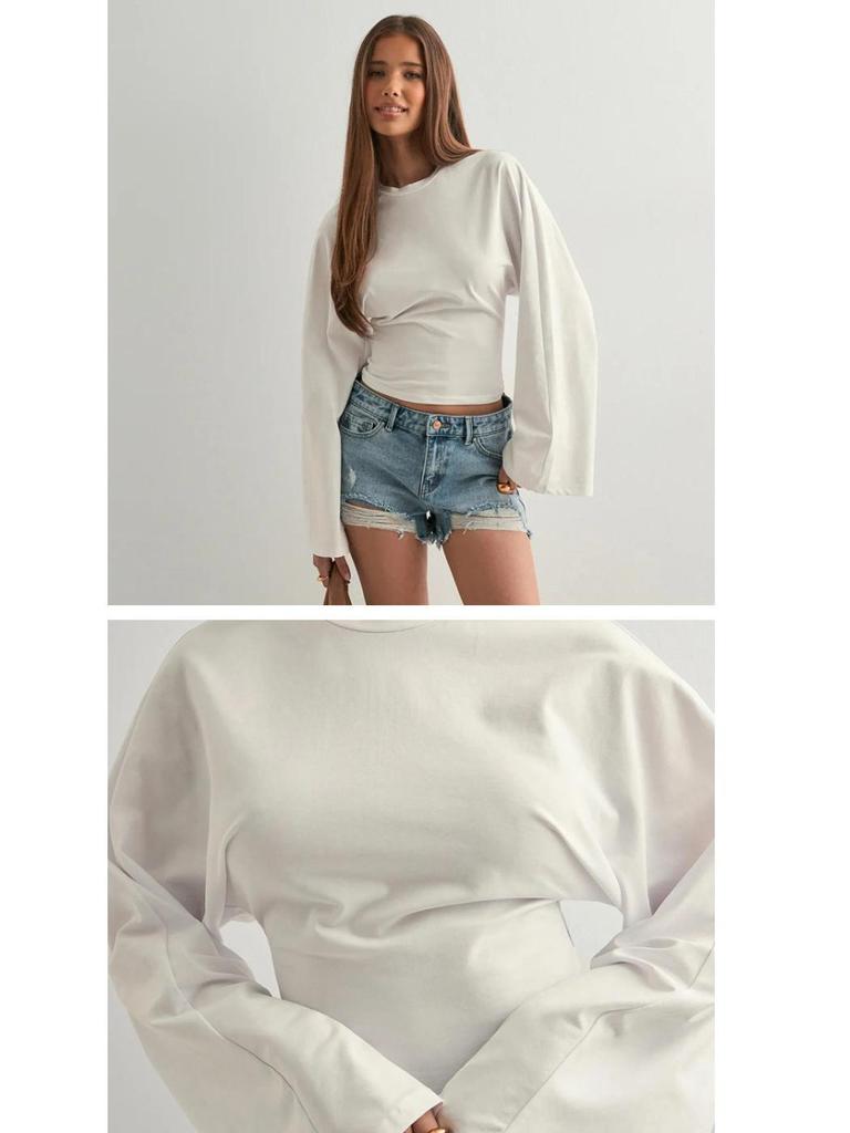 2026 Women's Solid Color Cinched Waist Long Sleeve Top - Fashionable Round Neck, Wide Sleeve.