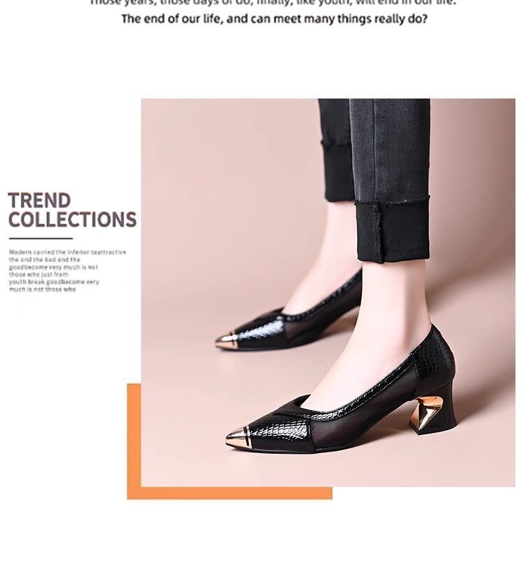 2025 Spring and Summer New Shallow Single Shoes Women's Shoes One Pedal Middle Heel Horseshoe Heel (5cm) Pointed Women's Single Shoes