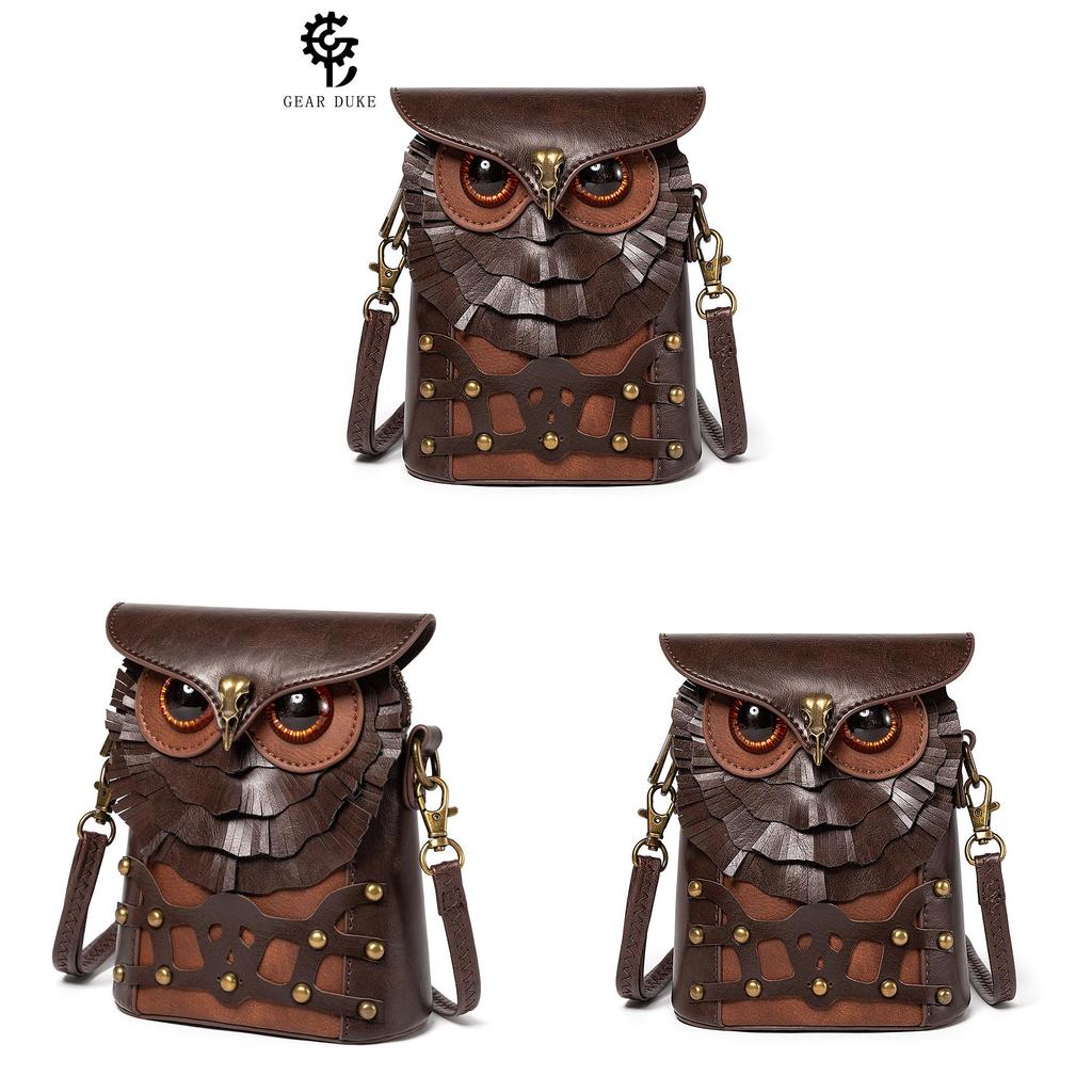 Steampunk Cat Owl Mini Pu Shoulder Bag With Floral Embellishments And Magnet Closure For Casual Days