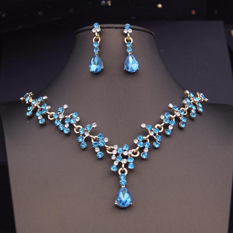 Princess Crown Bridal Jewelry Sets for Girls Blue Tiaras Choker Necklace Sets Bride Wedding Dress Prom Jewelry Accessories