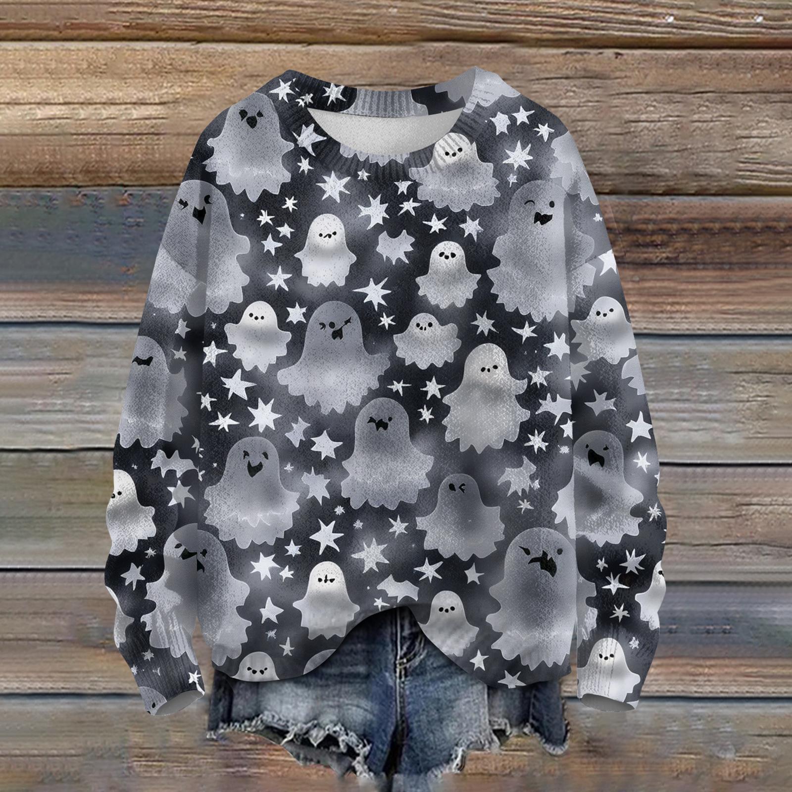 

Женский модный повседневный трикотажный пуловер с длинным рукавом и круглым вырезом с принтом на Хэллоуин XXL хаки