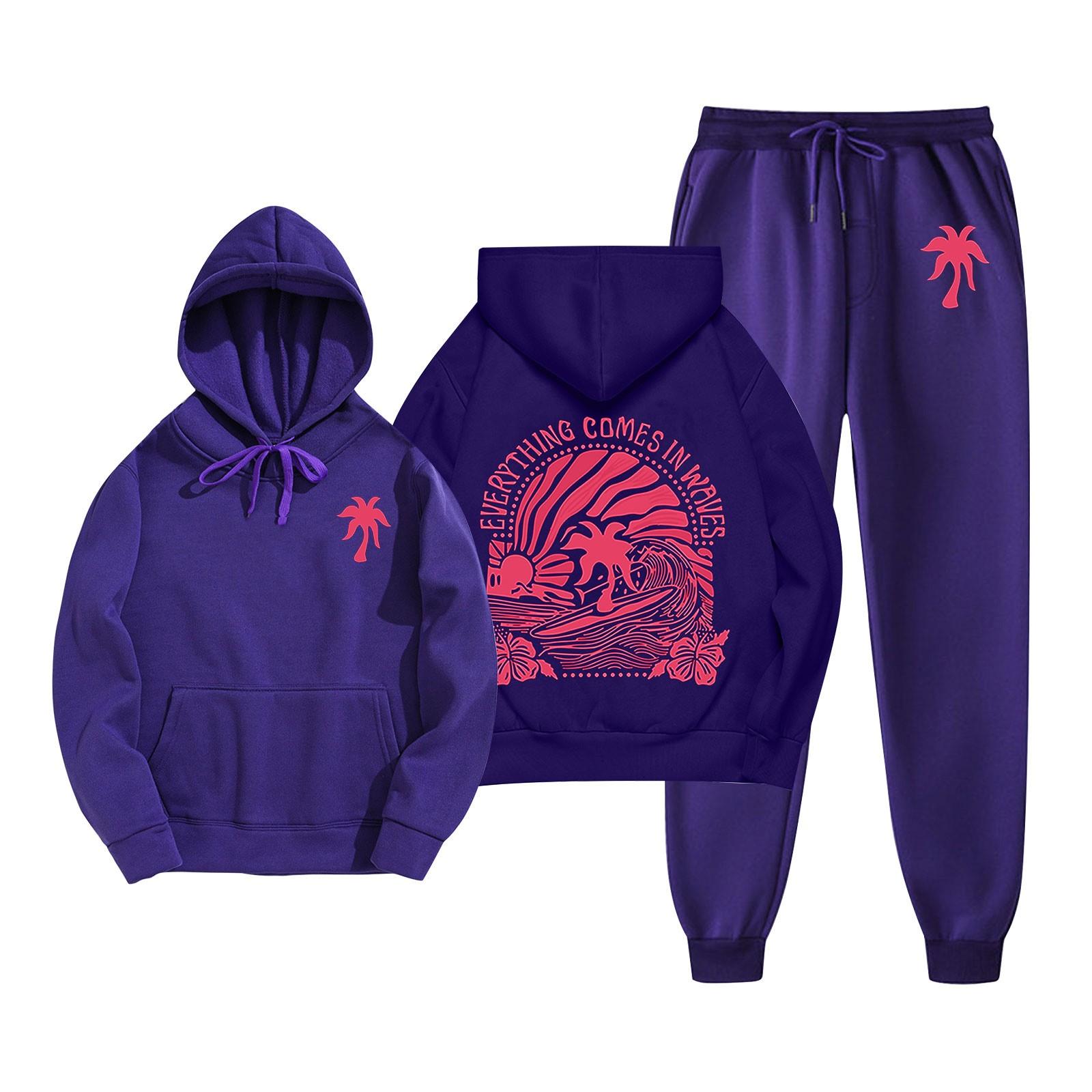 

Унисекс Повседневный комплект из толстовки с капюшоном и брюками с длинными рукавами и карманами на шнурке L фиолетовый