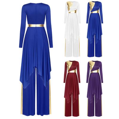 Womens Liturgical Dance Outfit Church Worship Dancewear Long Sleeve Irregular Hem Metallic Color Block Dress Wide Leg Pants