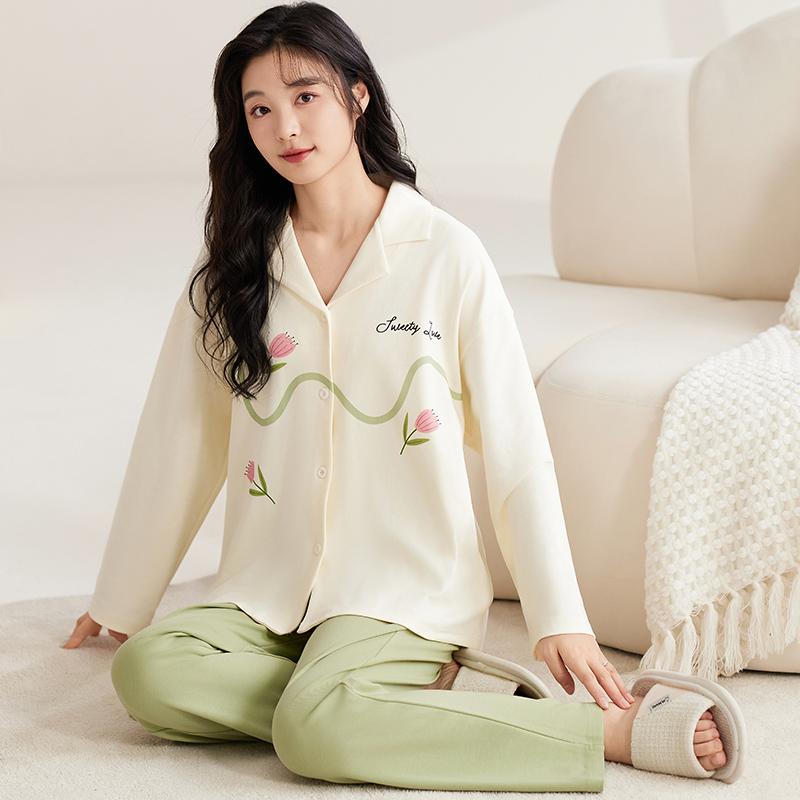 Purple Tulip Pajamas Set Women Sleepwear Cotton Long Sleeves Long Pants Autumn Winter Girl Pyjamas Soft Pijamas Cozy Button Cute