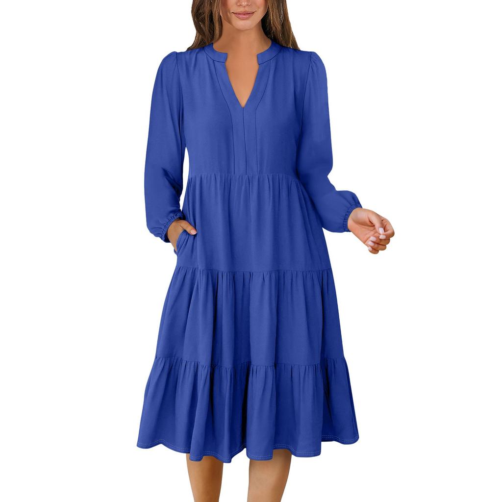 Women's V-Neck Flowing Layered Bohemian Long-sleeved Solid Colour Dress