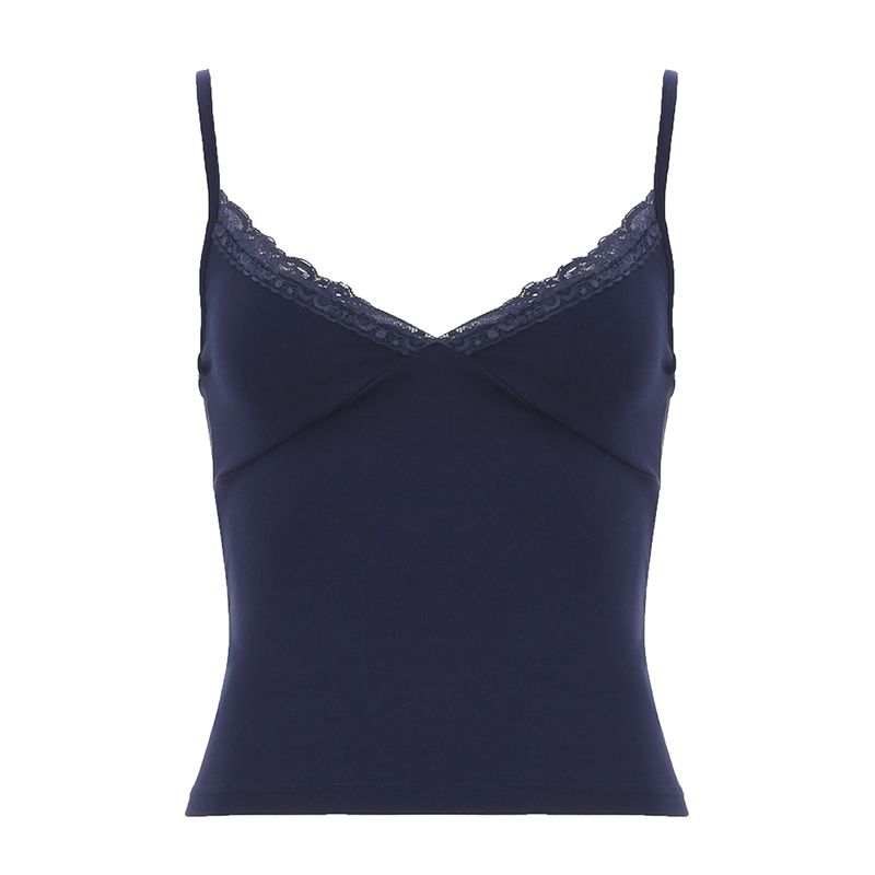 

H Home European and American Women s Clothing American BM Minimalist Lace Lace V-neck Strap Pure Color Basic Silm Outwear Short Top Blue M