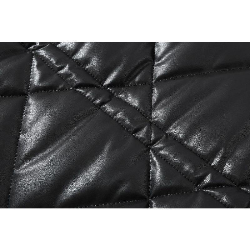 Women Winter Medium Long Stitching Leather Coat Stand-up Imitation Mink Fur Collar Cotton-Padded Jacket Temperament Warm Overcoat