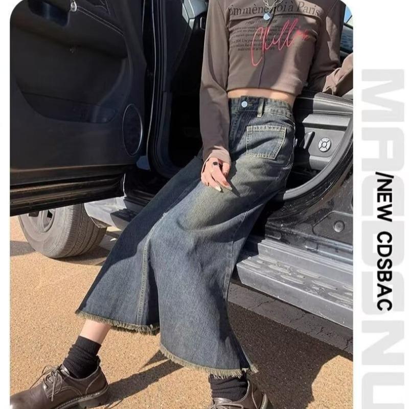 Γυναικεία Μπλούζα Μεγάλου Μεγέθους Α-Γραμμής Ρετρό Τζιν Μίντι Φούστα - Ψηλόμεση, Στενή Γραμμή, Ακατέργαστη Άκρη, Σχέδιο Ουράς Ψαριού για Άνοιξη και Φθινόπωρο