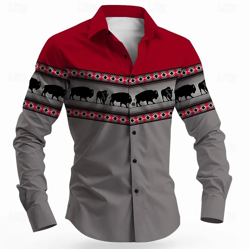 Western Tribal Pattern Long Sleeve Shirt, Stylish Buffalo Design