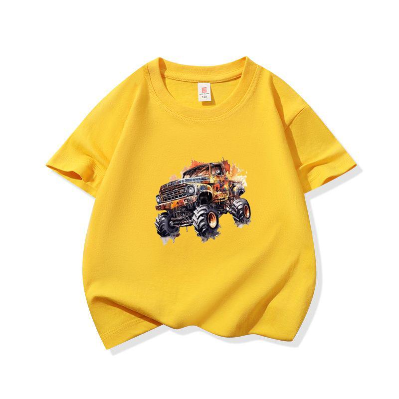 Kids Cotton T Shirt Vintage Watercolor Offroad Truck Print Crew Neck Short Sleeve Tee Casual Breathable Boys Girls Summer Tops
