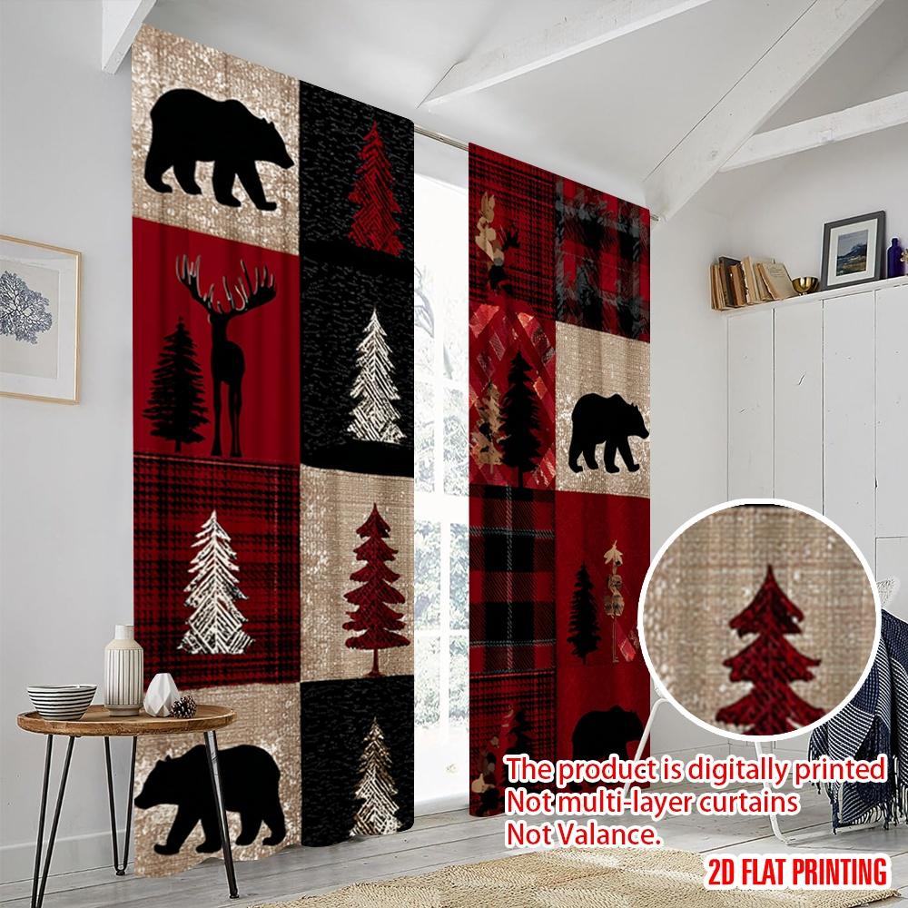 2 Stück, 2D-Flachdruckmuster Vorhänge Rot kariert Bär Hirsch Wald Polyesterstoff (ohne Stange) Perfekt für Heimdeko