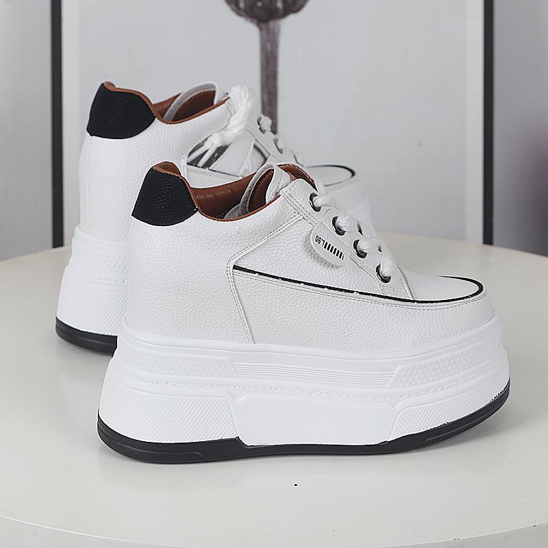 Fashion 12CM Genuine Leather Platform Wedge Fashion Women Spring Summer Autumn Chunky Sneakers Shoes Breathable Comfortable