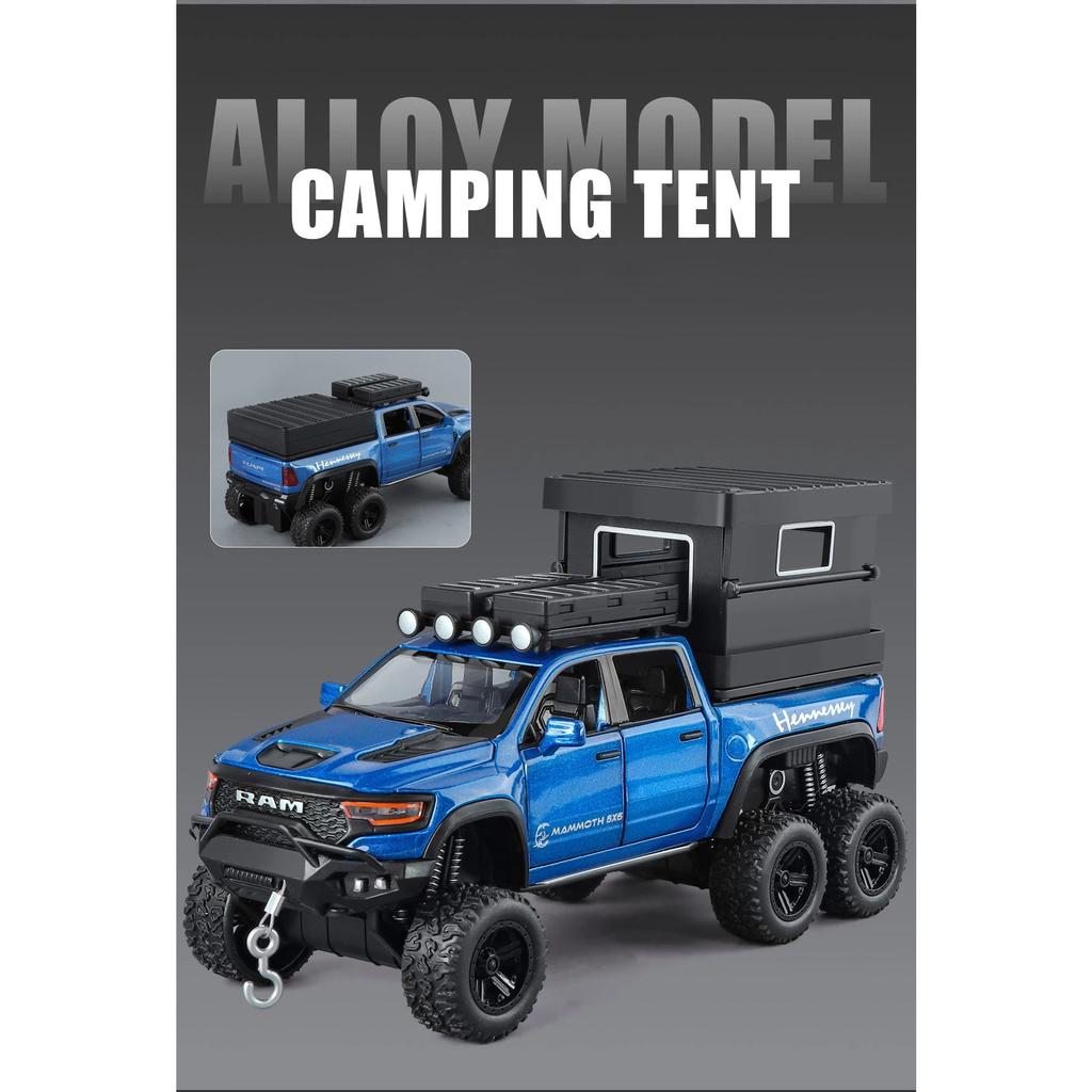 1/32 DODGE Tyrannosaurus RAM Alloy Pickup Camper Van Car Model Diecasts Metal Off-road Vehicles Car Model Sound Light Kids Gifts