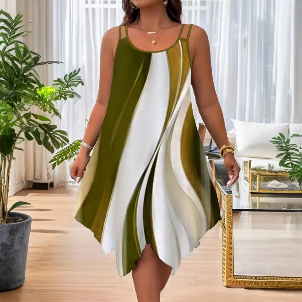 Women's Loose Casual Printed Summer Asymmetric Hem Round Neck Dress