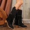 Womens Mid-Calf Boots Fashion Pointed Toe Thick Heel High Heeled Boots Fringes Design Fashion Boots Retro Rivet Mid-Calf Booties