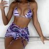 Women's Summer Fashion Sexy Texture Printing Backless Lace-up  Waist Pleated Knotted Bikini Three-pieces Swimsuit