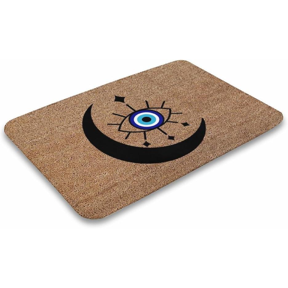 Evil Eye Crescent Moon Bohemian Doormat, Coral Velvet Rug, 16 x24  & 30 x17