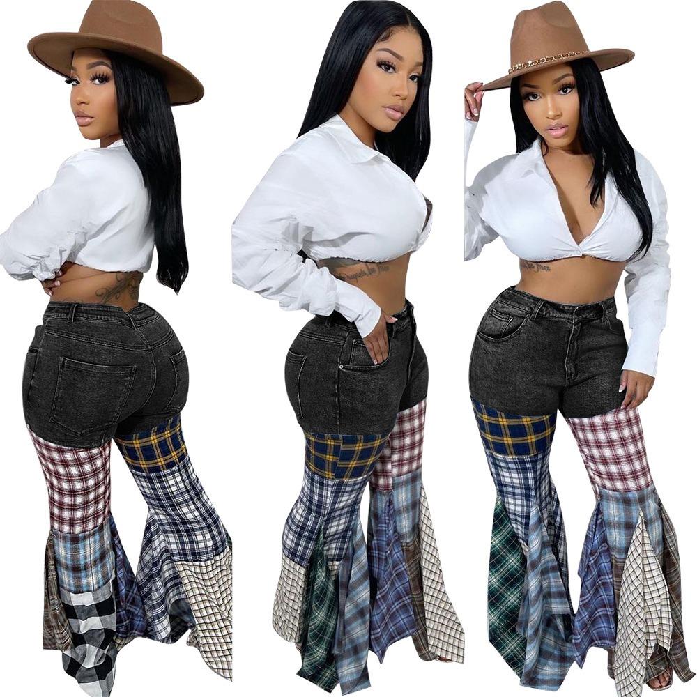 Women's Mid Rise Flared Jeans Medium Stretch Streetwear Multi Plaid Patchwork Ruffled Hem Ice Washed Denim Bell Bottom Trousers