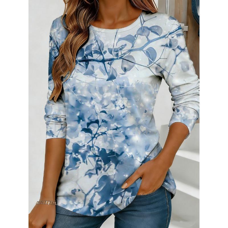 Women's Colorful Floral and Butterfly Print Long-sleeved Loose-fitting Round Neck Top, Casual Everyday Style