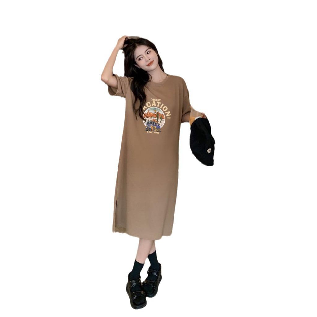 Foreign trade, fat mm large size dress for women's summer loose and thin girls medium and long lazy short-sleeved t-shirt long skirt