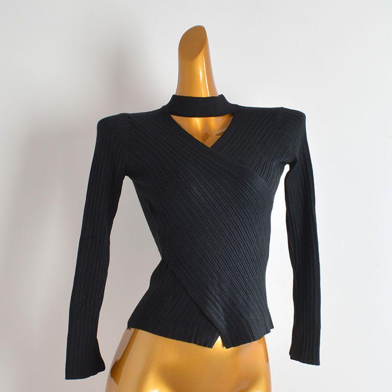 Fall and Winter New Arrival Pure Color Halter Sexy Cutout Knitwear Women's Clothing Slim Fit Slimming Long Sleeves Bottoming Shirt Tops