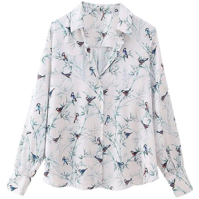 

Autumn Loose Print Silk Satin Texture Long Sleeves Shirt As shown in the figure L