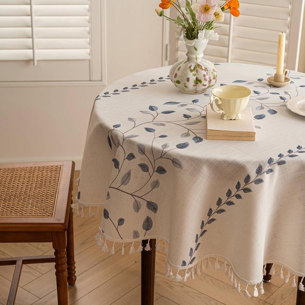 Waterproof Cotton Linen Embroidered Tablecloth for Dining or Coffee Table