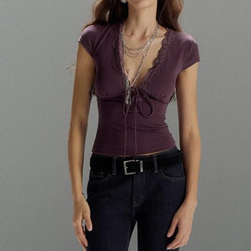 V Neck Slim Crop Tops Lace Camisole Chic Bottoming T-shirt  Streetwear