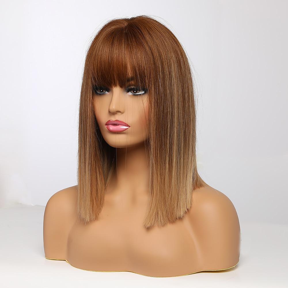 ALAN EATON Ombre Brown Golden Short Straight Hair Lolita Bobo Wigs with Bangs Synthetic Wigs For Women Cosplay Heat Resistant